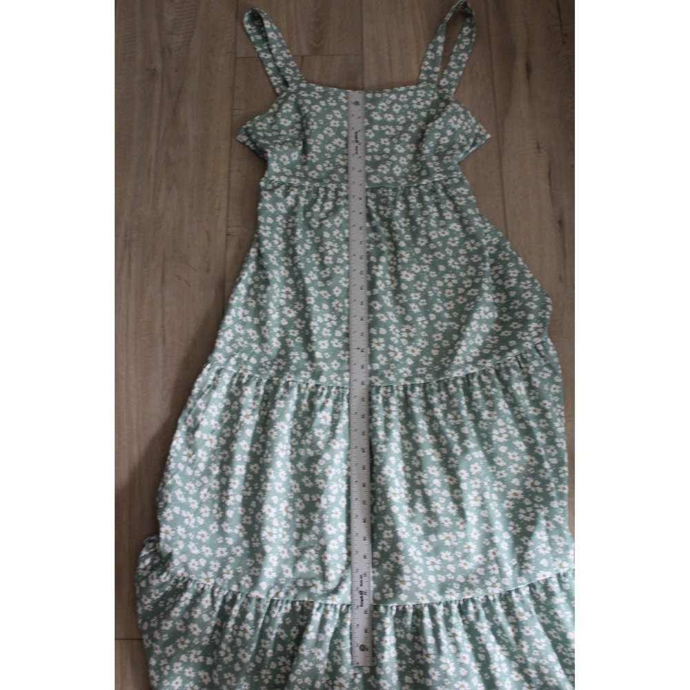 Sage Green Daisy Floral Tiered Maxi Dress Square Neck Tie Back Cutout Boho - Picture 5 of 7